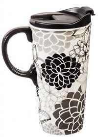 Tetera byn mandala tetera, taza con tapa para café o té con motivos florales en escala de grises sobre fondo blanco